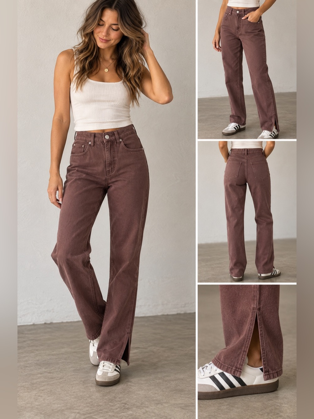 PrettyLittleThing Brown High Rise Straight Leg Jeans Side Slit Size 4